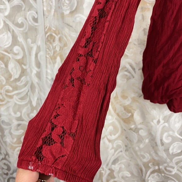 Artesia Boho Chic Peasant Blouse Red Lace trim lace up long sleeve shirt Medium - Picture 4 of 13